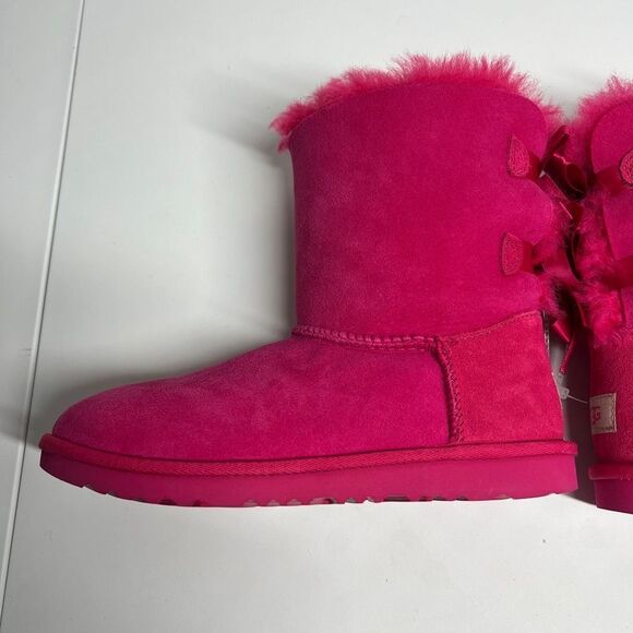 Ugg Mini Bailey Bow II Pink Azalea Fur Boots Big Kids Size 5 Women’s Size 6,5NWT - Picture 8 of 10